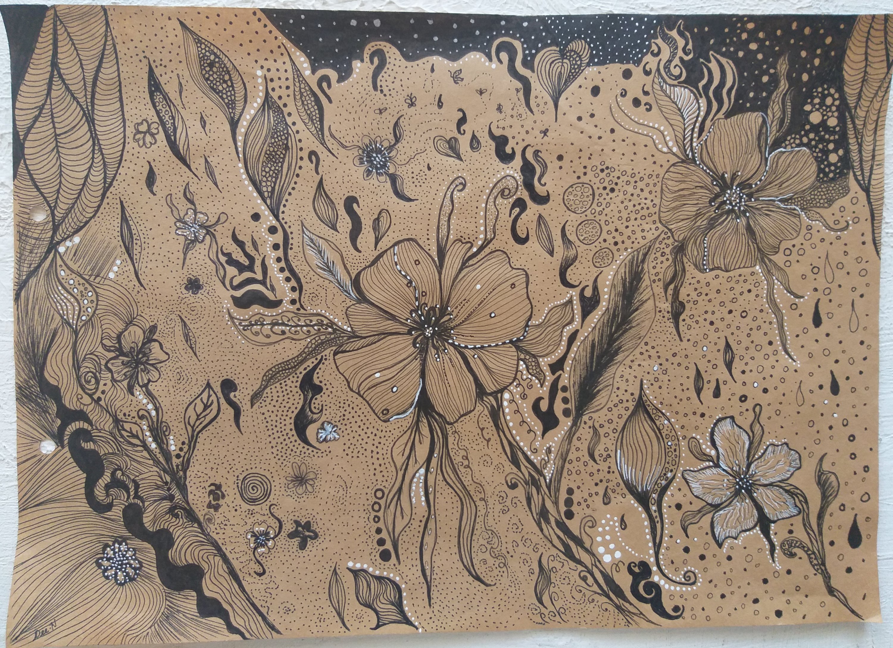 Wild Flowers A3 Drawing - black ink drawing on brown paper
