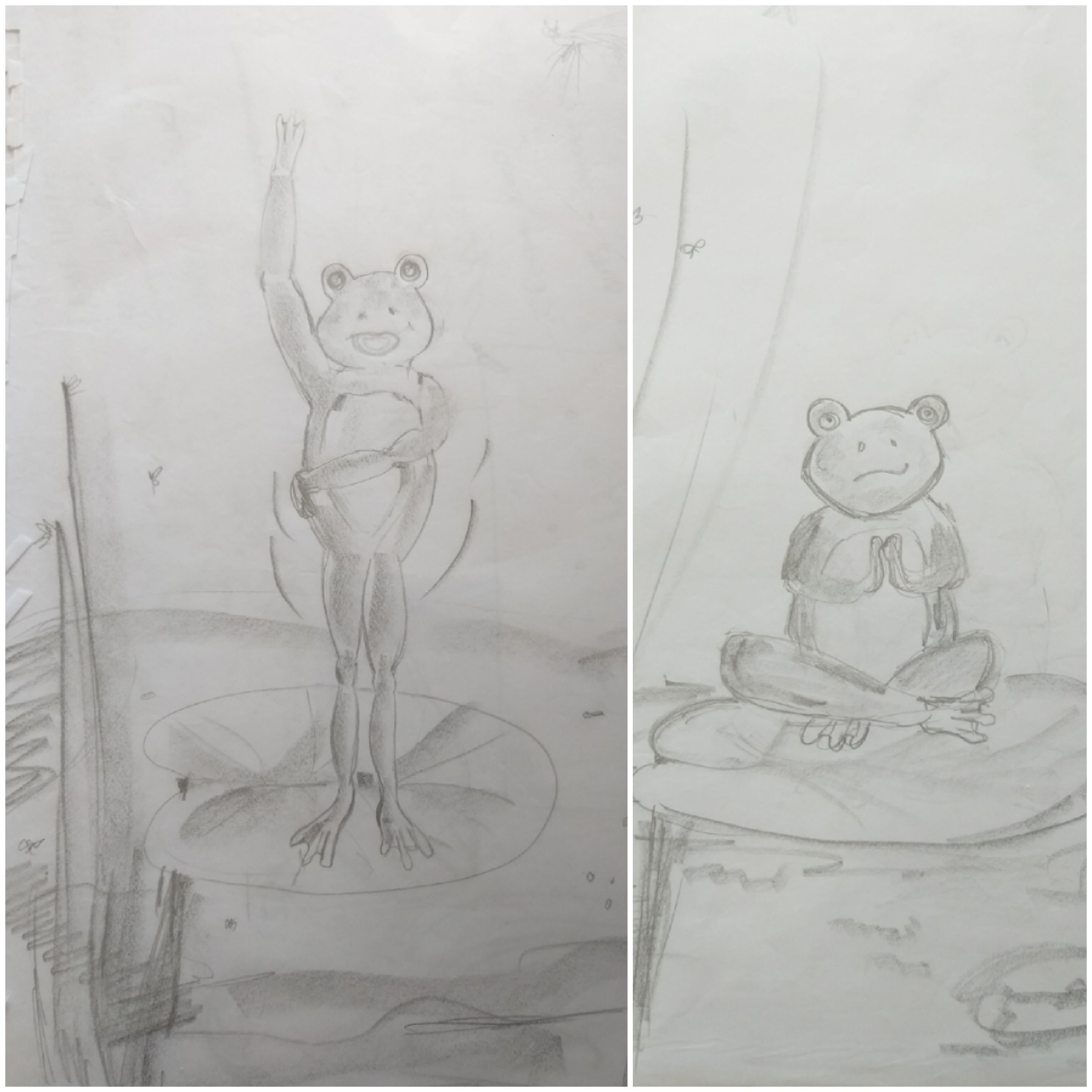 The rough sketches I made for our "The Dancing Frog" book. 